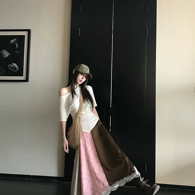 SKKSkk Store 流浪画家 法式氛围感不规则三色拼接蕾丝半身裙