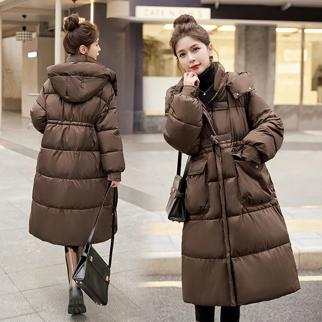 2025新款冬季时尚韩版收腰牛角扣羽绒棉服女长款过膝设计感外套新