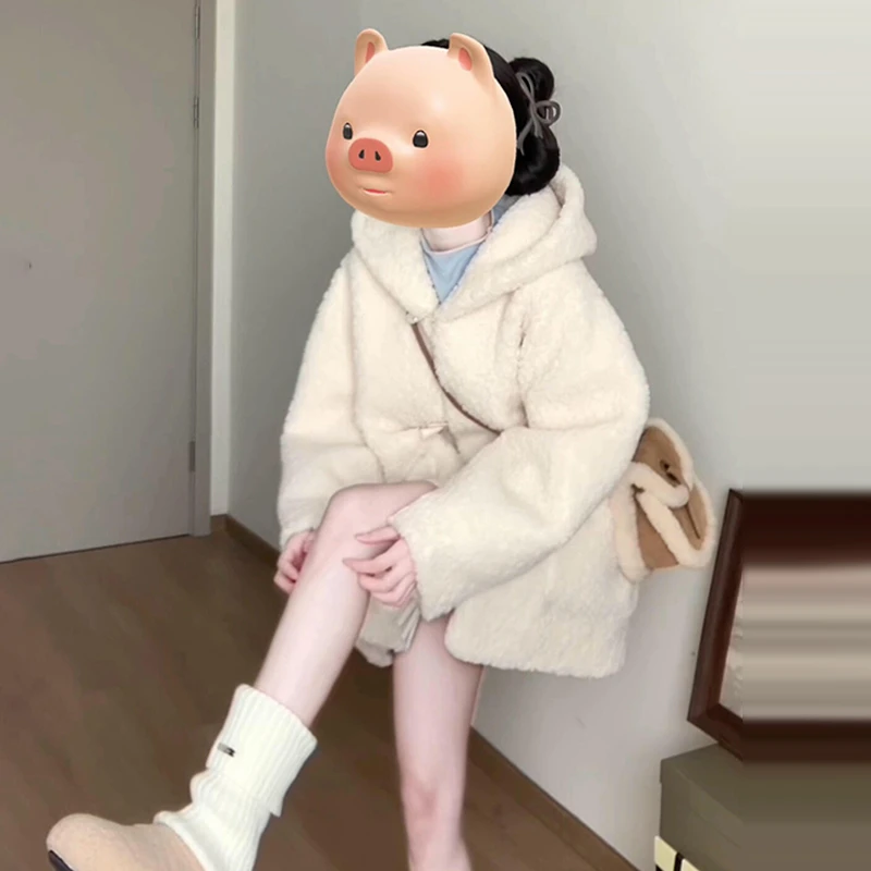 毛绒上衣家居服宽松型女2025秋冬季韩版套头短外套牛角扣连帽7623