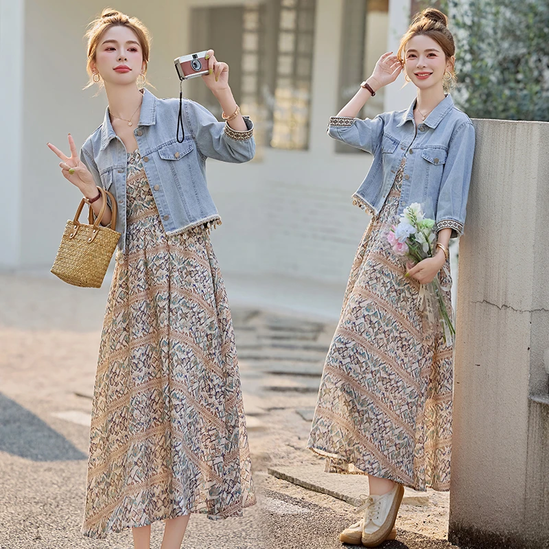 时尚气质牛仔外套碎花套装裙女2025夏季新款百搭吊带连衣裙两件套