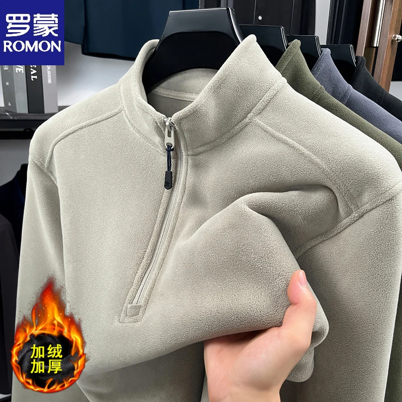 罗蒙2025新款立领男士秋冬奥粒绒卫衣套头半拉链户外休闲运动上衣