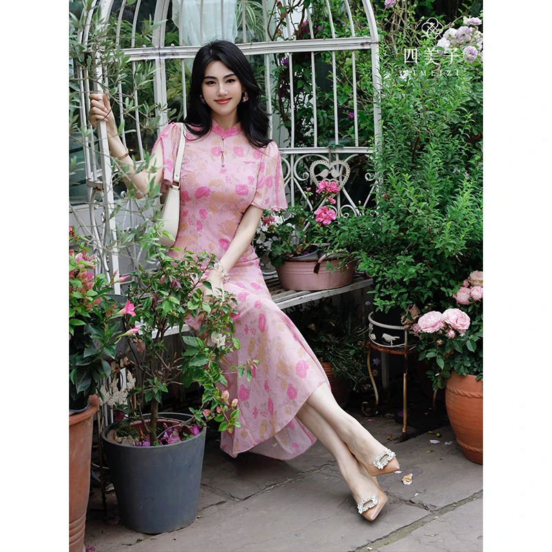 四美子【花知晓】新款新中式浪漫优雅清爽印花鱼尾旗袍裙连衣裙