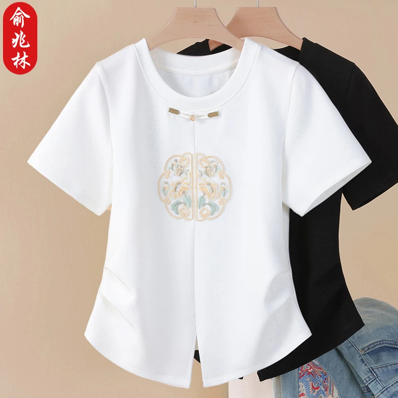 俞兆林新中式国风短袖t恤白色夏季中年女士复古绣花半袖收腰上衣