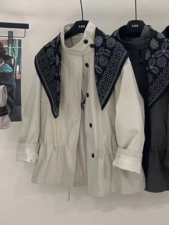 Chic风宽松风衣中长款立领工装风＋丝巾【运费补贴】