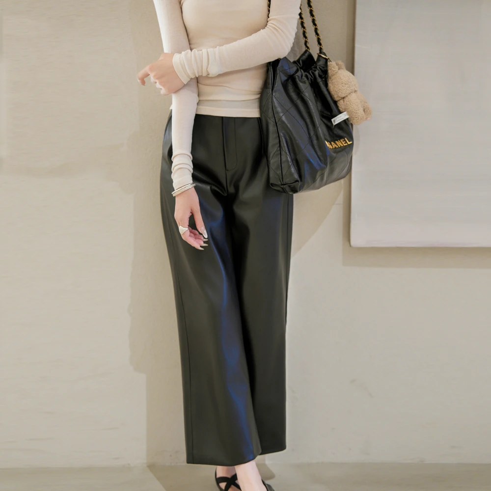 海宁真皮皮裤女高腰显瘦阔腿裤2025秋季新款时尚绵羊皮百搭九分裤