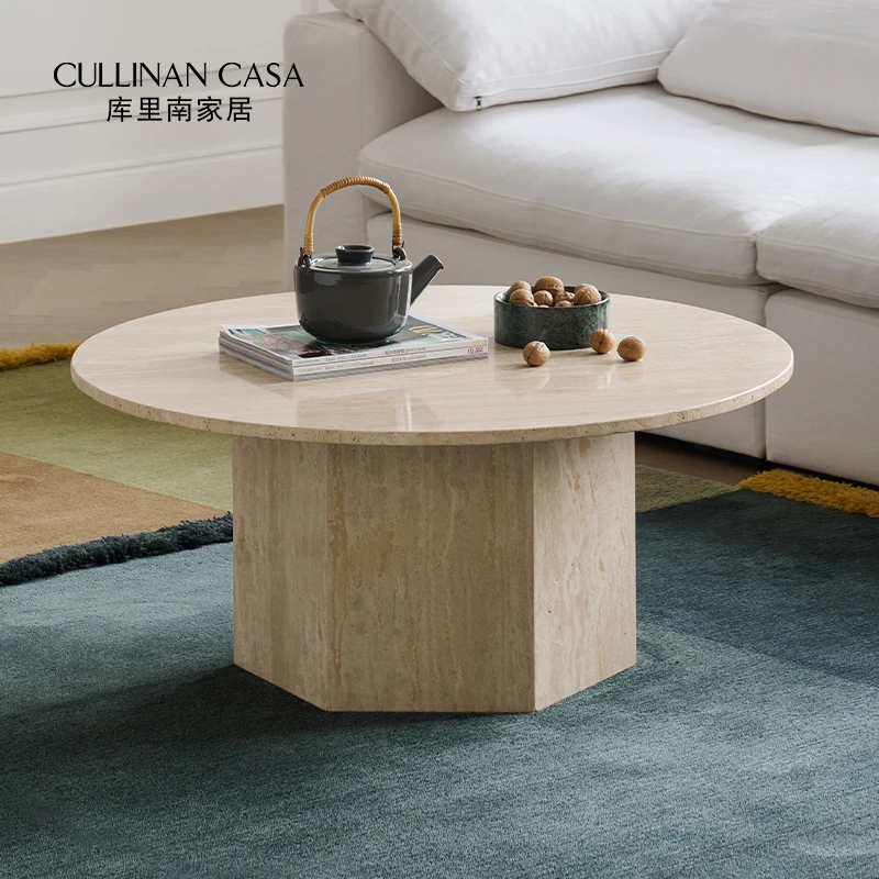 库里南家居诺拉茶几洞石岩板家用客厅法式复古茶几侘寂风创意圆几