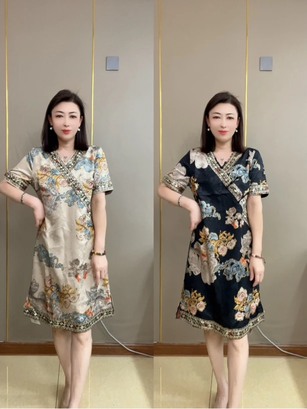 FENGJEV领重磅连衣裙中长款复古新中式短袖宽松夏季印花6692