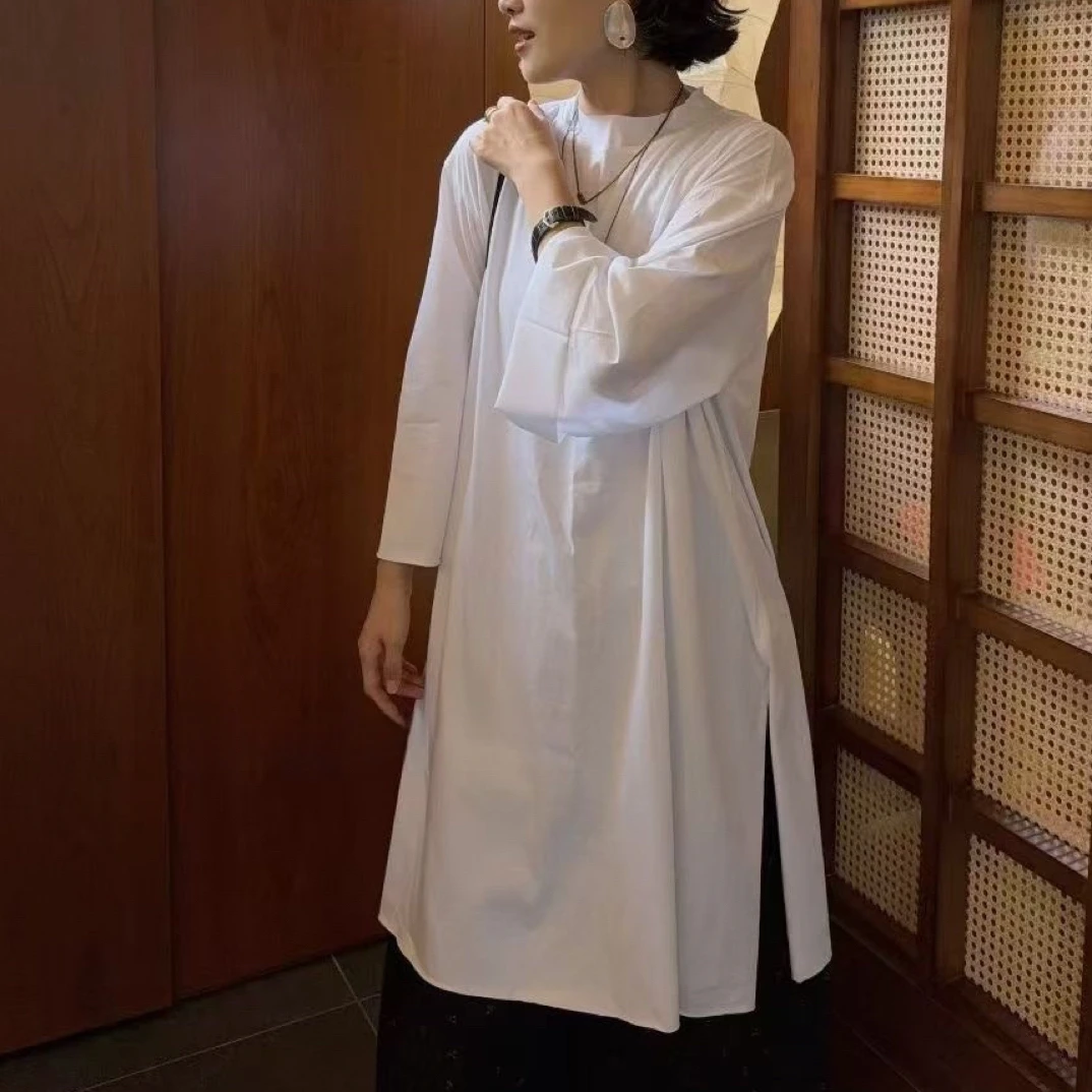 【简涉】定制匹马棉中长款纸片人侧开高杈九分袖上衣