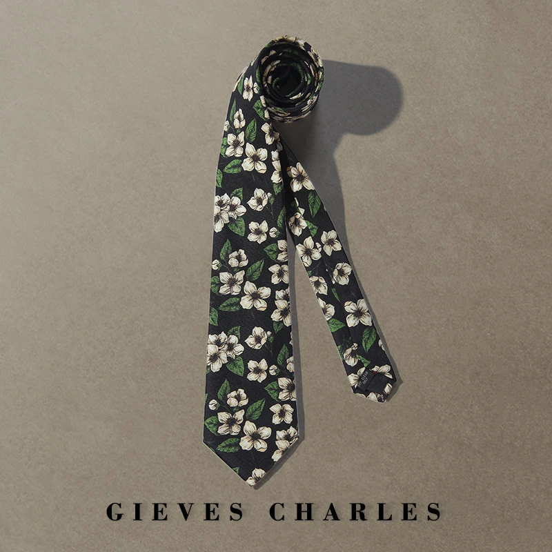 GIEVES CHARLES男士高端领带复古非洲茉莉印花桑蚕丝领带男礼盒装