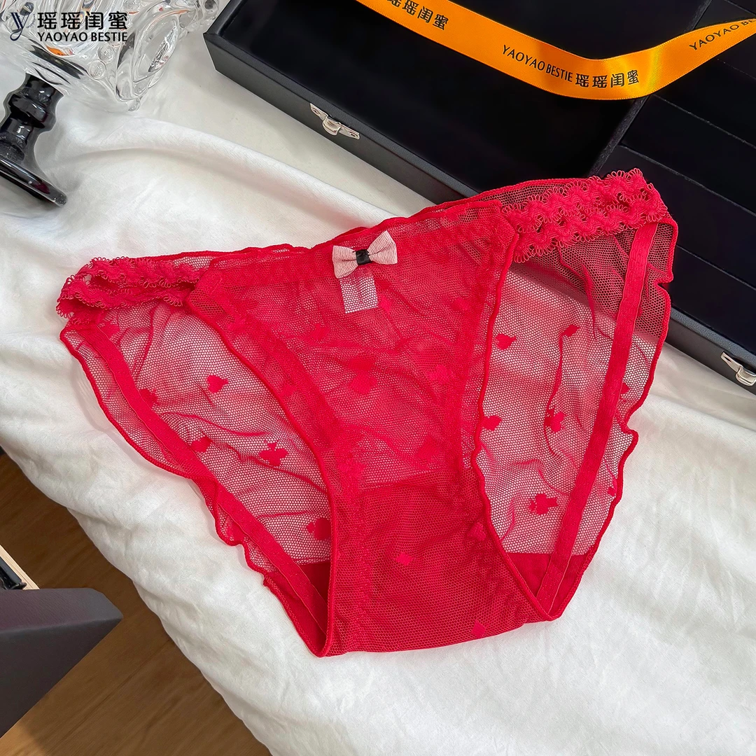 瑶瑶闺蜜小心机透明网纱本命年红色内裤蕾丝纯欲女生高弹三角裤头