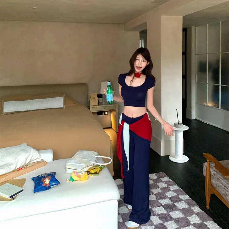 【松弛氛围】ins气质基础款百搭纯色短款修身T恤女+高腰垂感阔腿裤