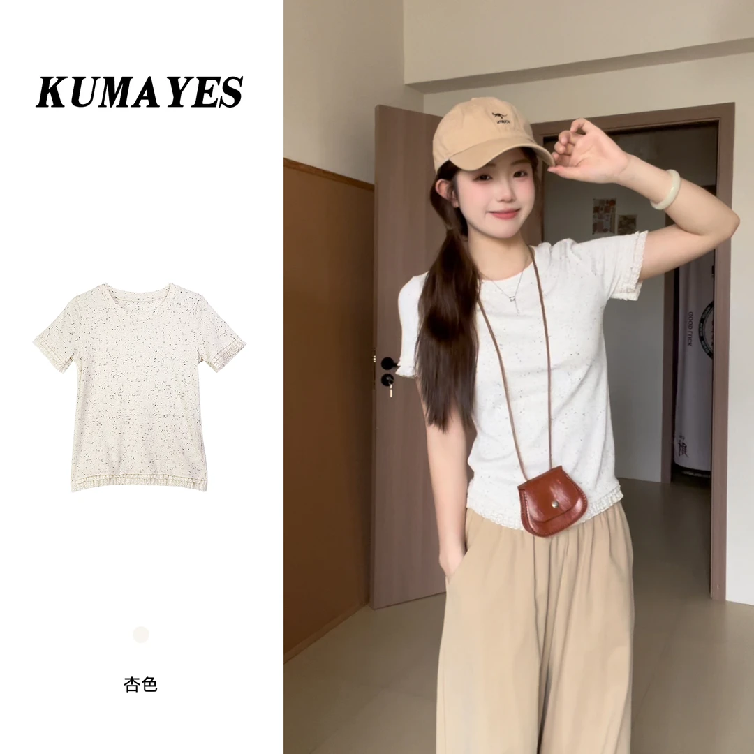 KUMAYES别致蕾丝拼接短袖T恤女夏季2025新款正肩修身显瘦上衣正肩