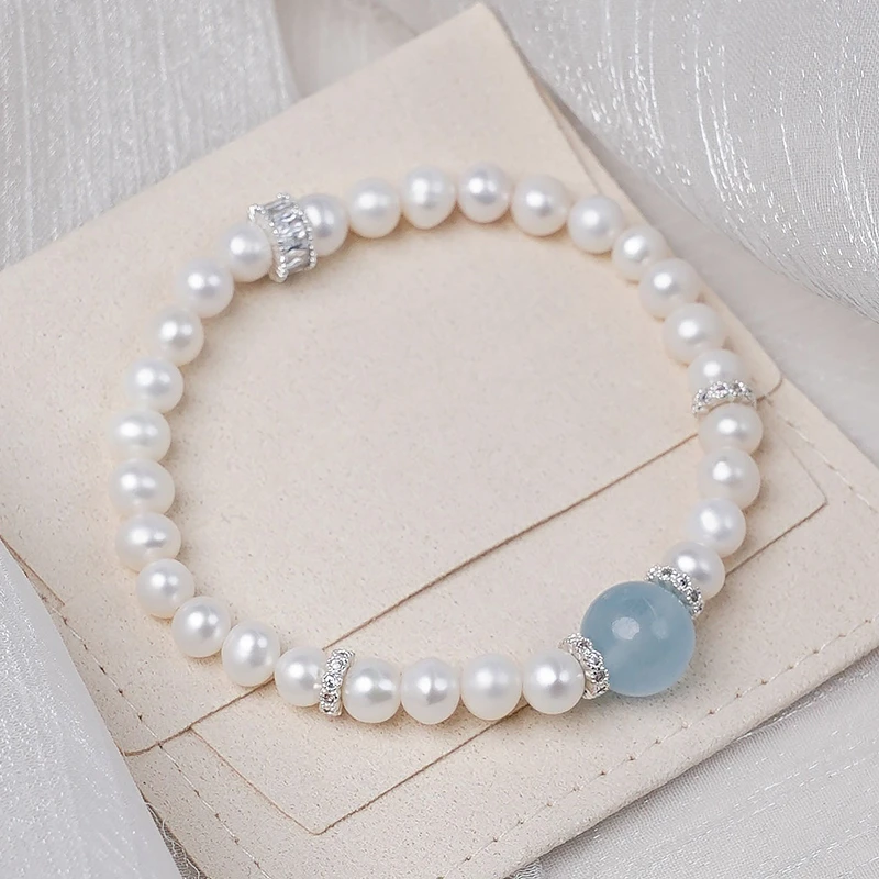 气质时尚百搭天然淡水珍珠海蓝宝石百搭素圈手链多样性发一-9127