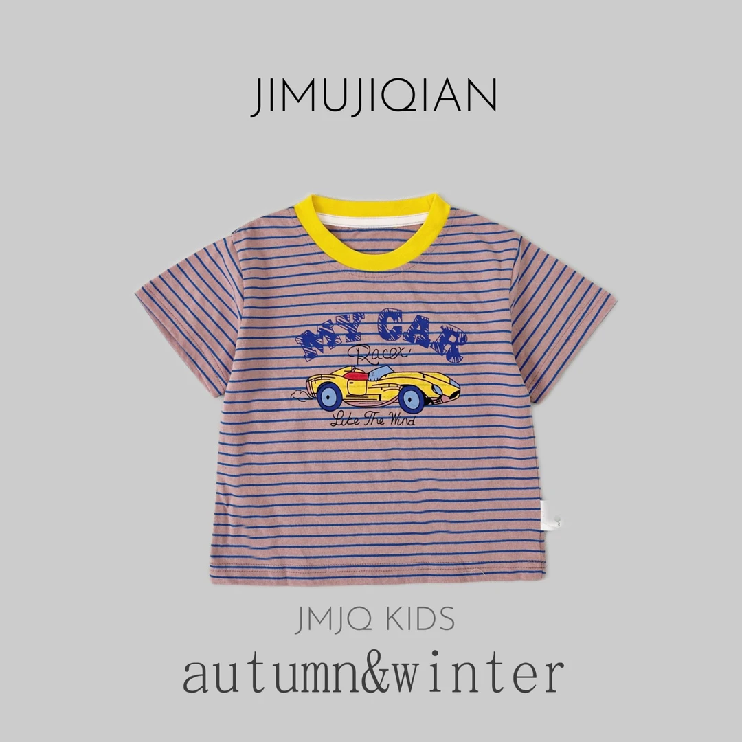 JMJQ夏季中小童韩版亲肤色织条纹清爽印花跑车短袖体恤20501
