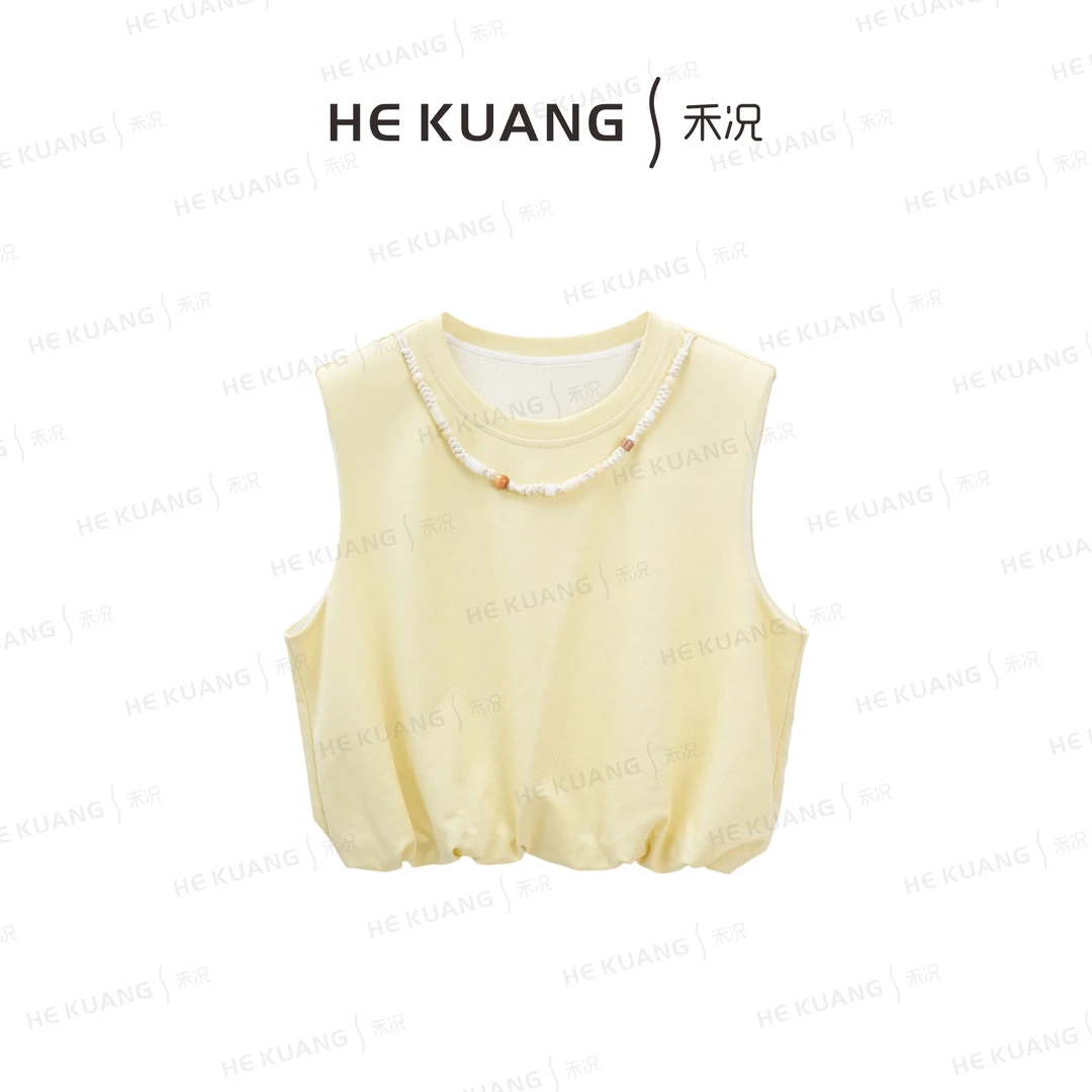 禾况HEKUANG琥珀流光【珠光简序】串珠宽松简约舒适T恤T652 0001