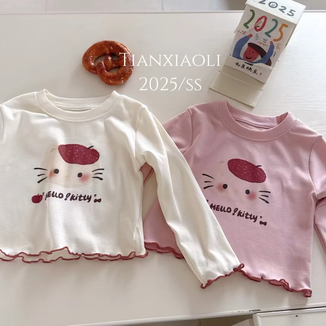 【田小里】25春~女童KT印花红边棉长袖T恤8006