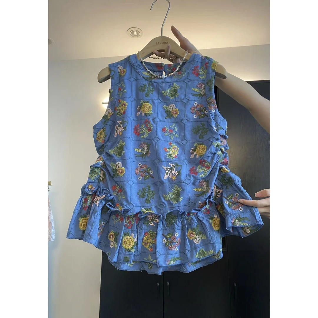 璎婲sᴀᴋᴜʀᴀ【夏日暮野】金韩版圆领重工刺绣拼接褶皱花边无袖背心