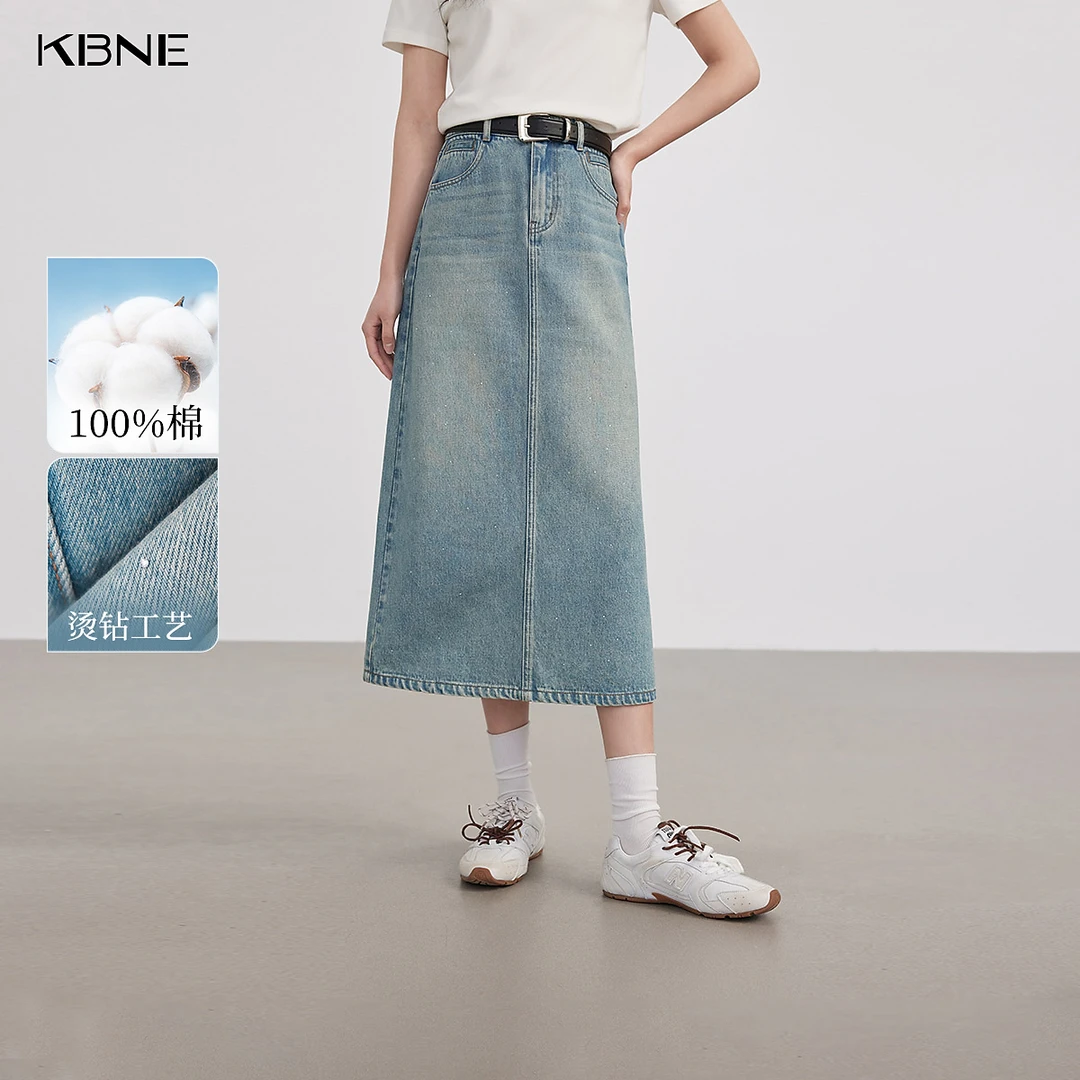 KBNE半身裙女款爆款2025新款复古烫钻开叉中长款牛仔半身裙小个子
