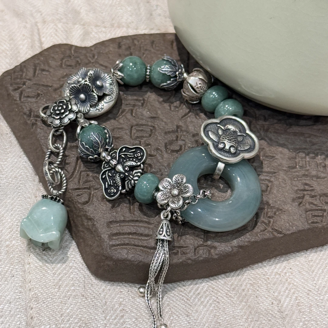 925银手链 <大头姐>S09839 蝴蝶蝙蝠锦鲤平安扣蓝色串珠手链