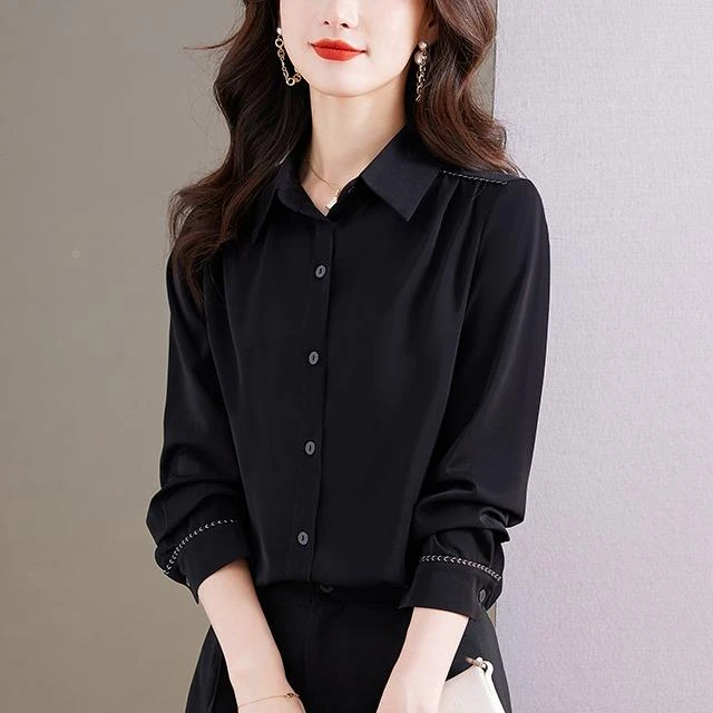 高级感黑色雪纺长袖衬衫上衣女秋季2025新款职业气质百搭薄款衬衫