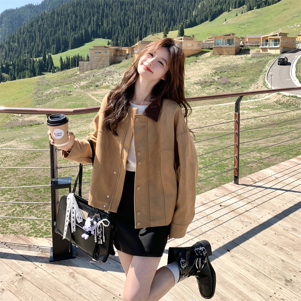 撞色翻领卡其色外套女2025秋季韩宽松显瘦小个子复古时尚夹克上衣