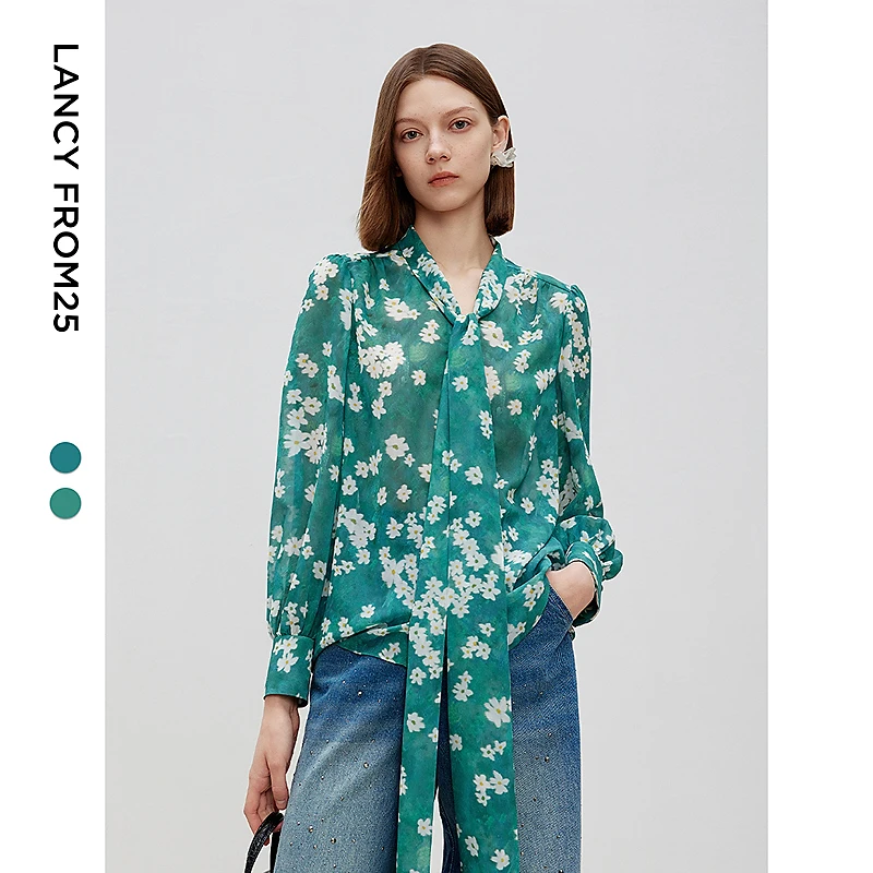 欧若智性风朗姿法式碎花飘带领衬衫2025年春季新款通勤打底上衣