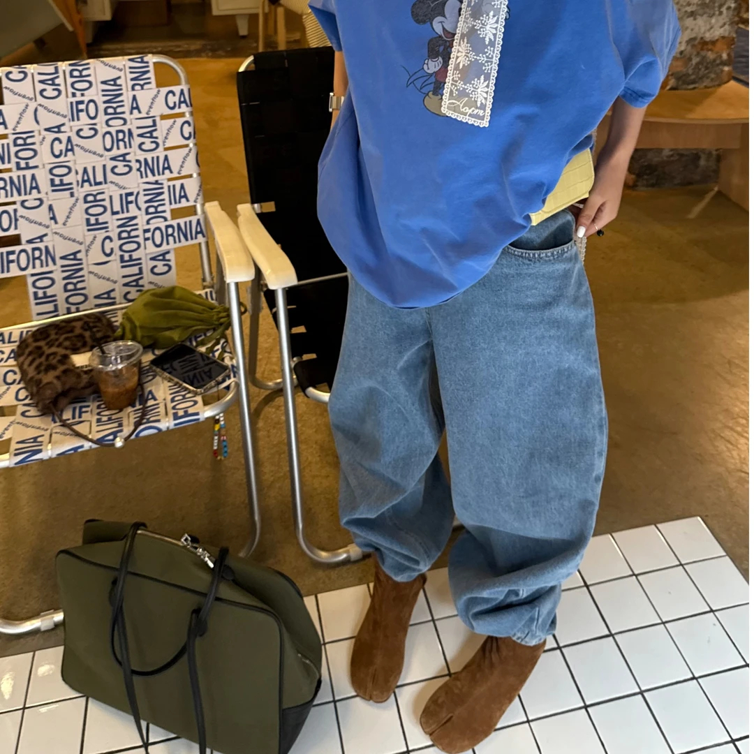 春季新款韩系时尚百搭洗水直筒裤宽松牛仔裤