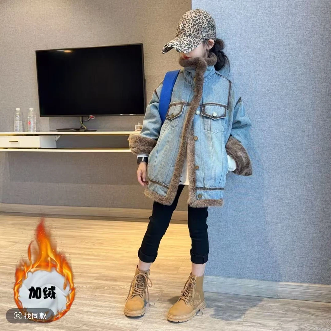 女童复古港风牛仔外套秋冬装儿童时髦洋气加绒夹克大童冬装上衣潮