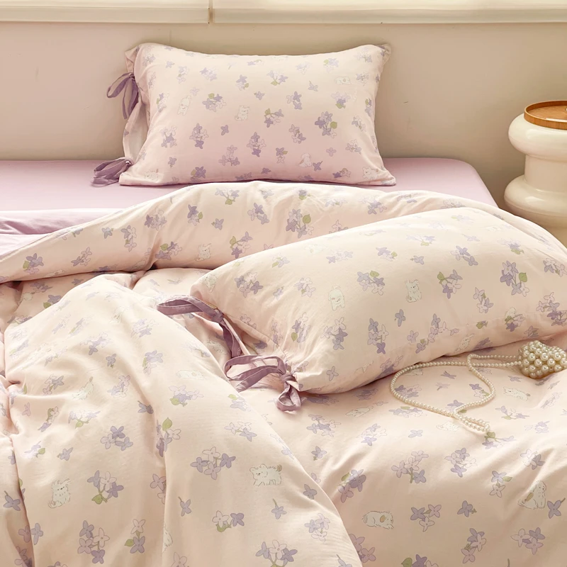 丁香好好梦 设计师手绘小狗碎花双层纱四件套少女心原创紫色