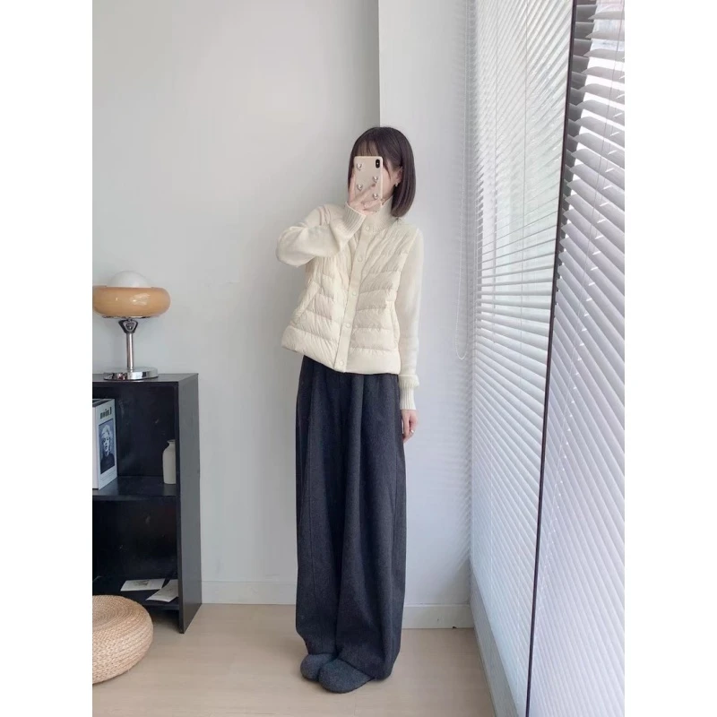 2025秋冬新款韩系针织拼接立领白色棉服外套休闲百搭阔腿裤两件套