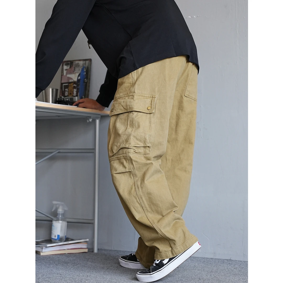 秋季美式复古痞帅重磅卡其色大口袋工装裤男直筒宽松抽绳阔腿长裤
