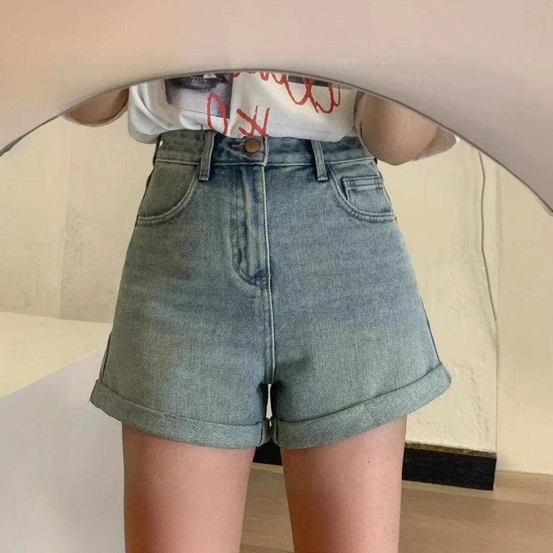 MZ30016专享大码夏季蓝色牛仔短裤高腰卷边薄款小个子显瘦a字热裤
