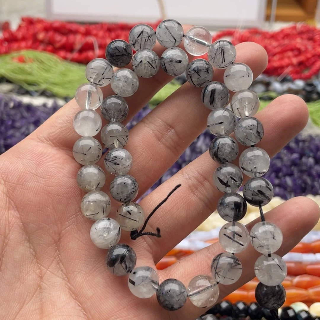 玛瑙/玉髓未镶嵌珠宝半成品一条装卡10mm黑发晶圆珠