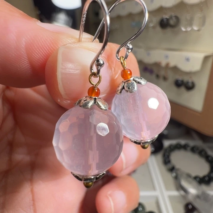 银S925镶嵌芙蓉石耳饰天然粉晶