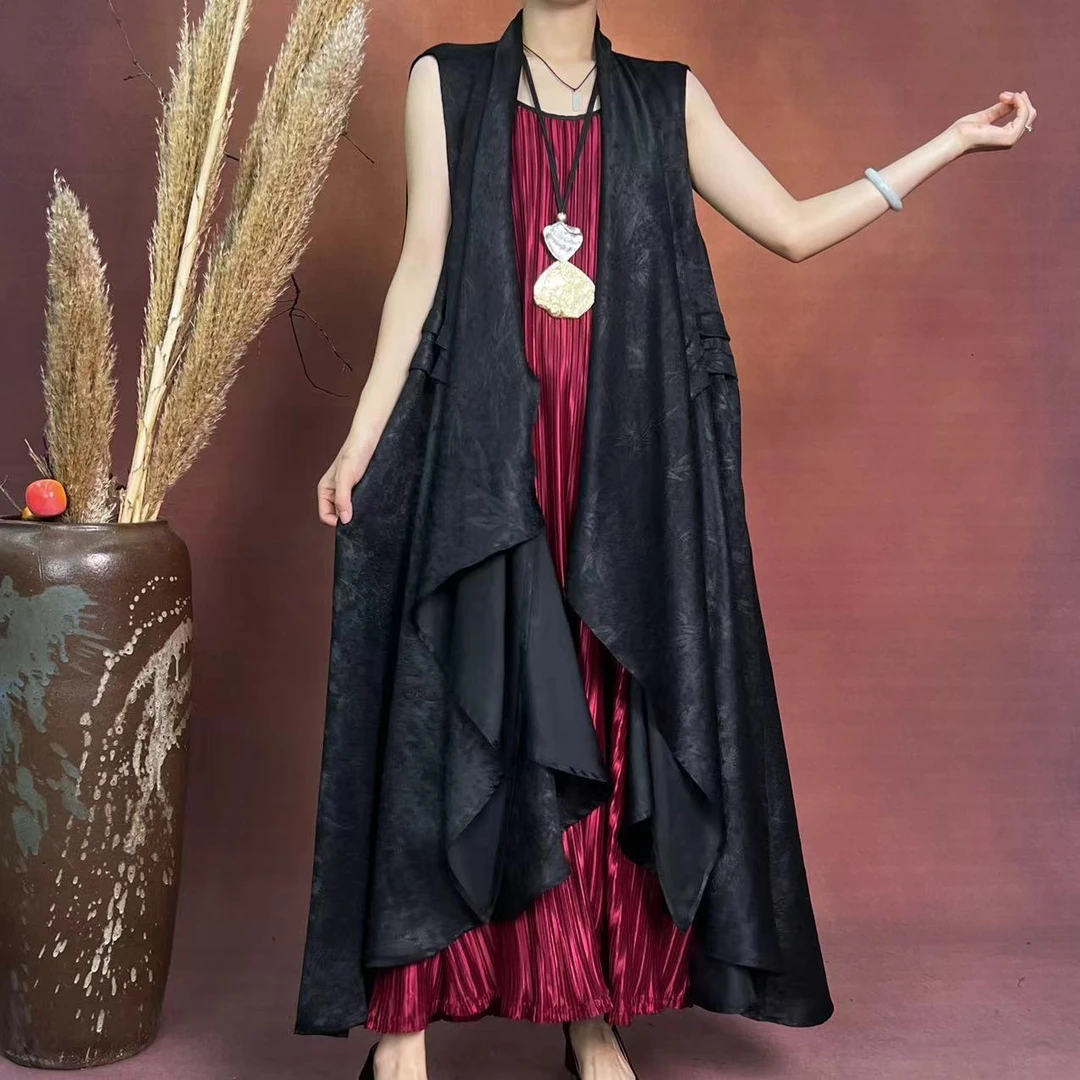 【大海轻奢】W24193新款黑色暗隐花无袖国风拼接马甲外披