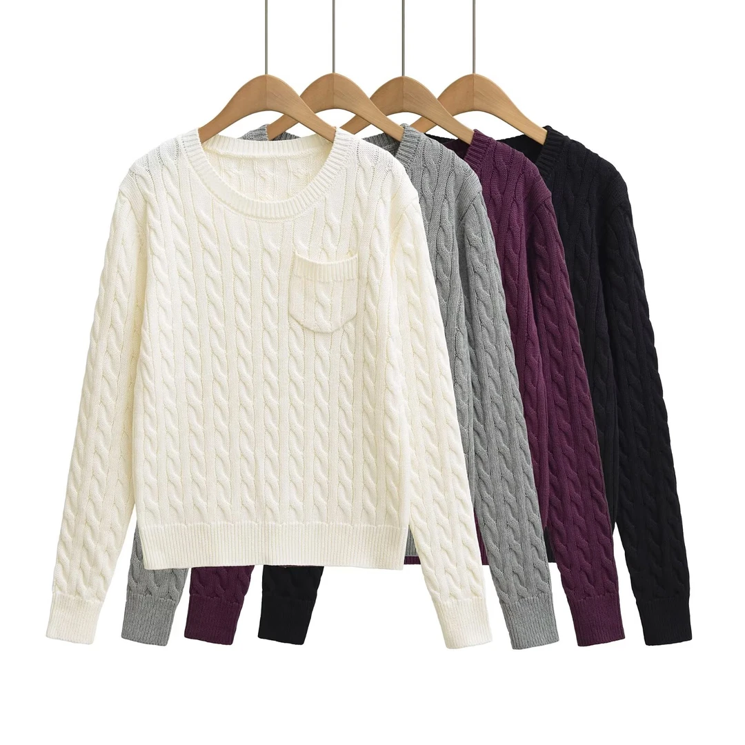 FS644秋冬圆领绞花贴袋毛衣 宽松休闲套头衫 通勤百搭基础款上衣