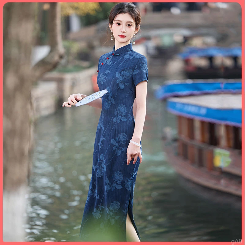 日常可穿蓝色中式长款2025夏季新款年轻款民国风复古改良连衣裙女