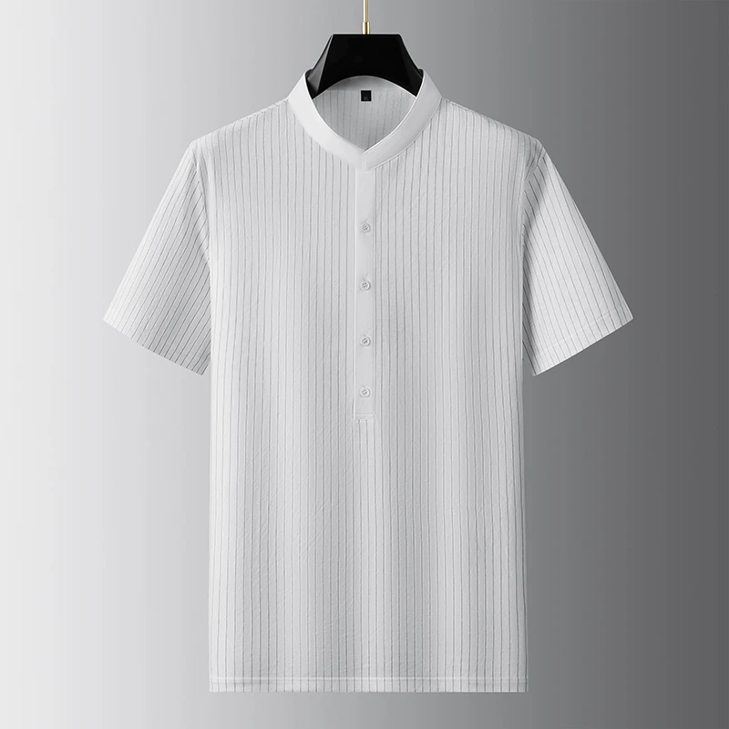 81778男士加肥加大竖条纹立领短袖衬衫夏季薄款休闲纯色衬衫