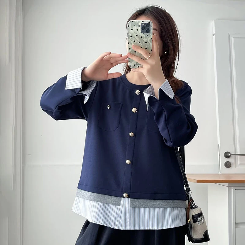 大码女装秋季新款时尚假两件长袖T恤女宽松显瘦百搭胖mm洋气上衣