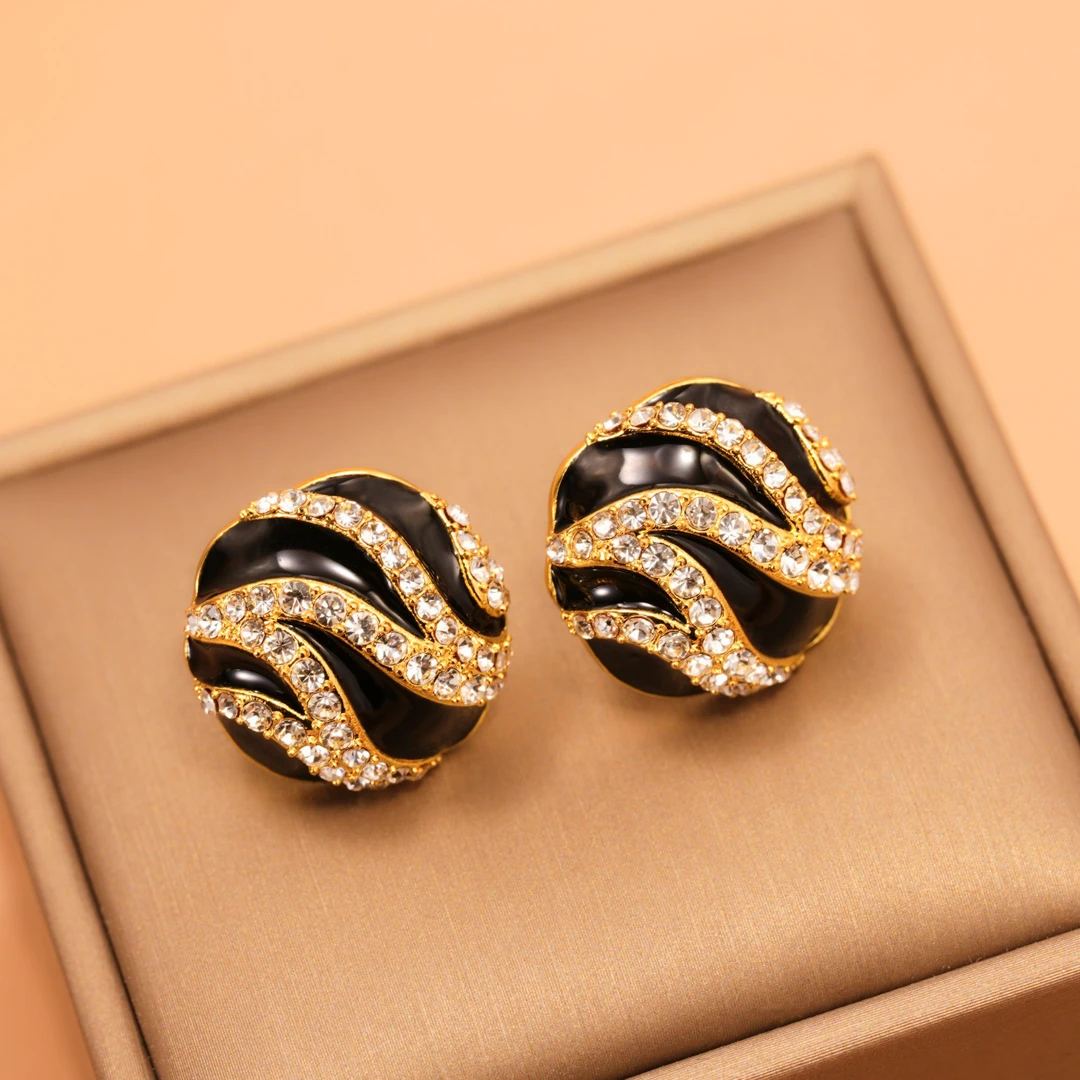 铜合金合成锆石耳饰 法式精致条纹耳钉女高级感轻奢洋气耳环