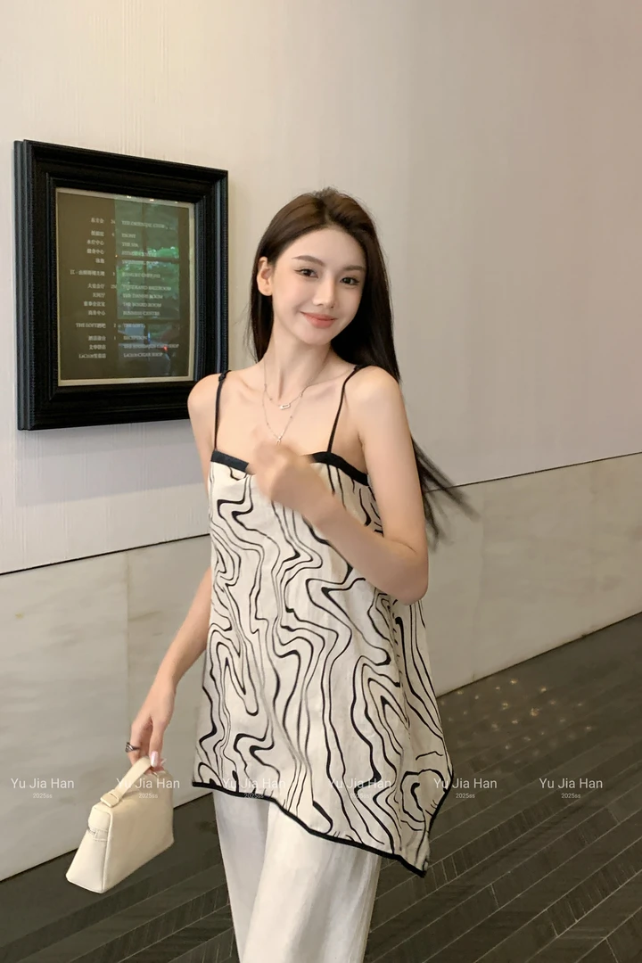 慵懒风外穿吊带背心女秋亚麻无袖度假风不规则小众设计上衣 6935