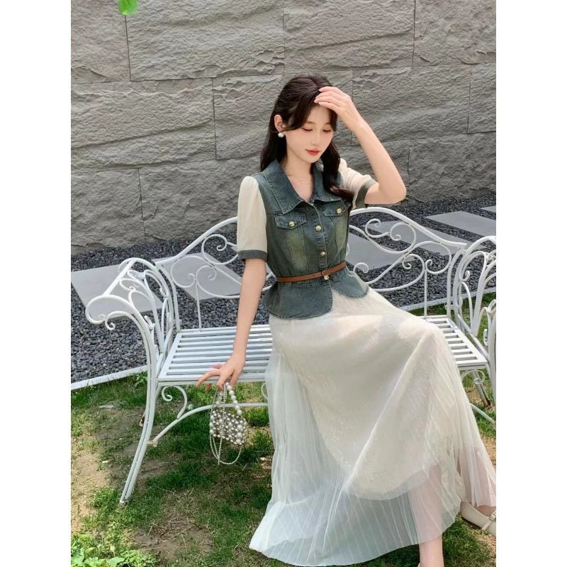 美美推荐新款6617雅诗牛仔连衣裙两件套套装裙