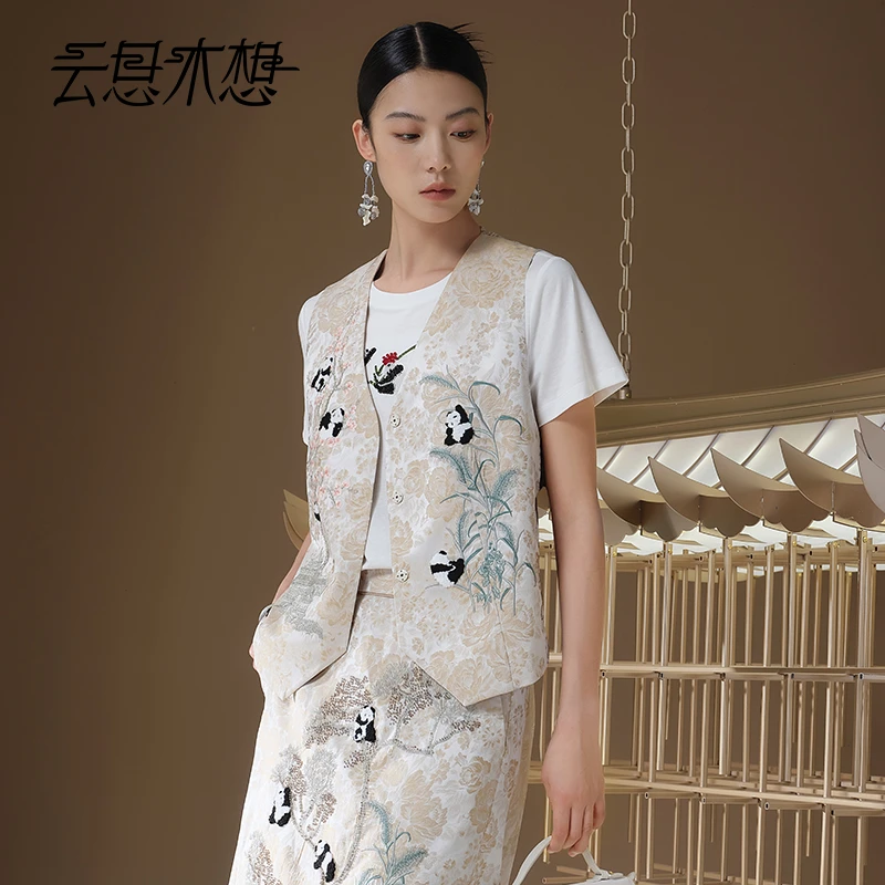 Ysimo-X云思木想 熊猫抱树 毛巾绣+珠绣提花拼蕾丝V领马甲13245