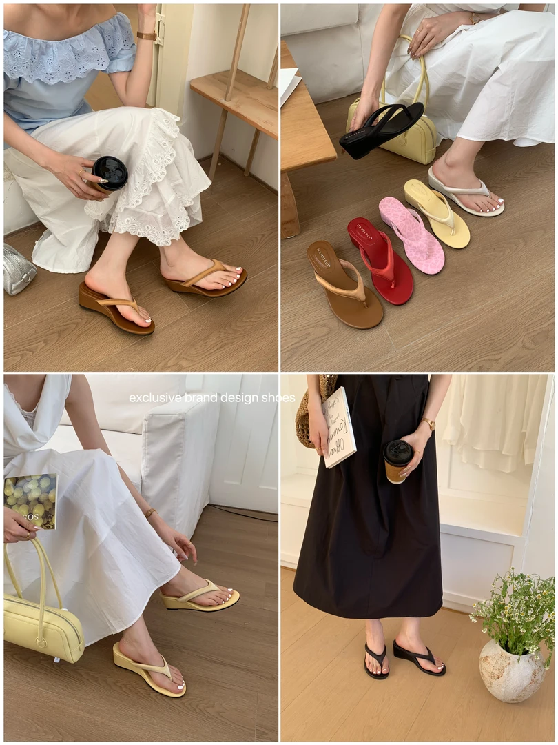 ins夏季韩式风豹纹纯色粗跟软底方头女坡跟学生沙滩人字拖网红