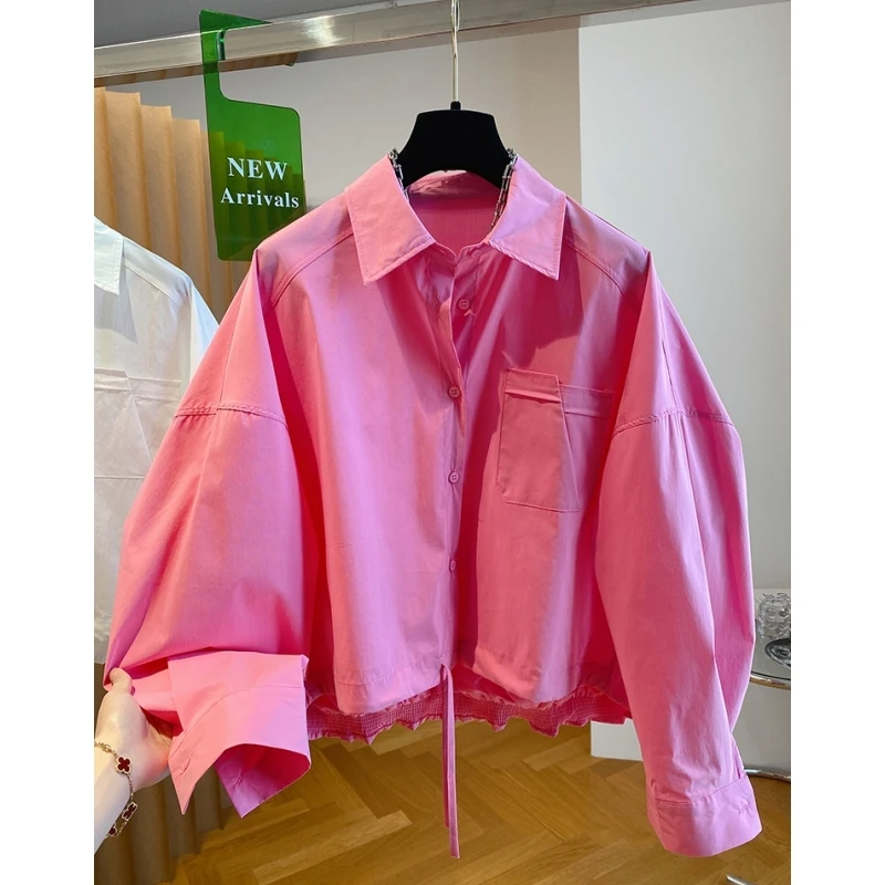 韩系粉色衬衫女2025早春新款宽松短款时尚抽绳系带高级感棉质上衣