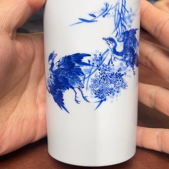 瓷摆件青花芦雁纹笔筒