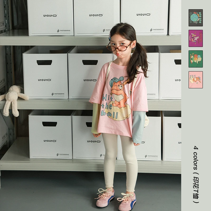 utouto大耳象女童拼色印花T恤2025秋季新款假两件长袖上衣2501166