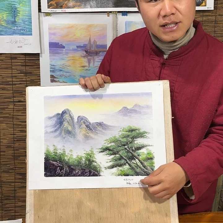 油画行路人小院绘画作品
