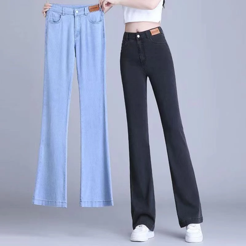 天丝牛仔2025夏季宽松显瘦微喇裤高腰弹力薄款时尚修身百搭喇叭裤