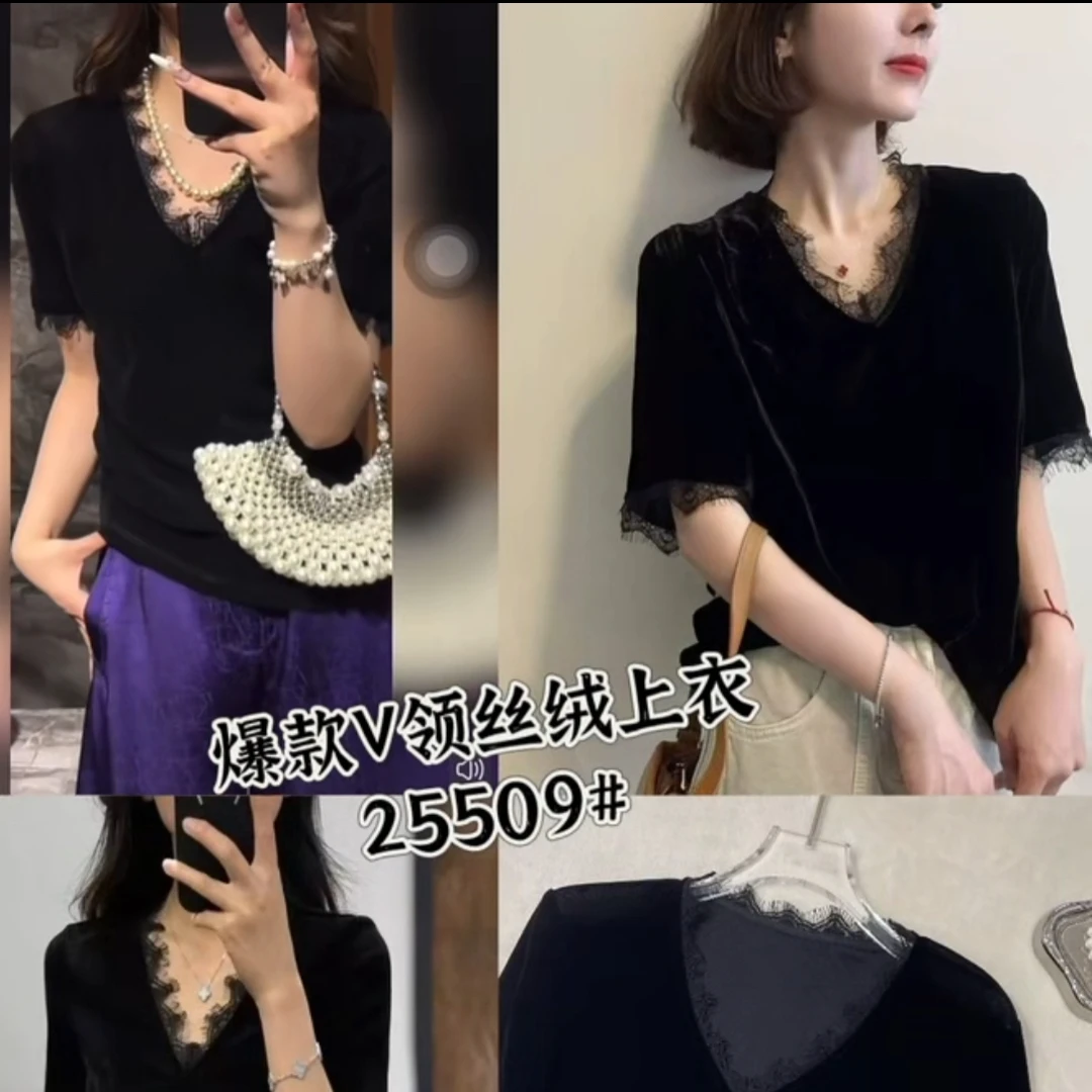 25509短袖民族风正肩袖防静电T恤显瘦领丝减龄小香风